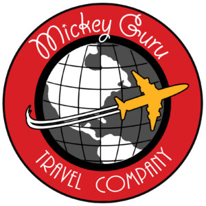 Mickey Guru Travel logo in red and black with a yellow airplane